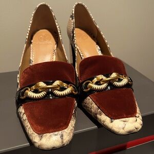 Tory Burch Elegant Red Velvet and Snake Print Women's Loafers